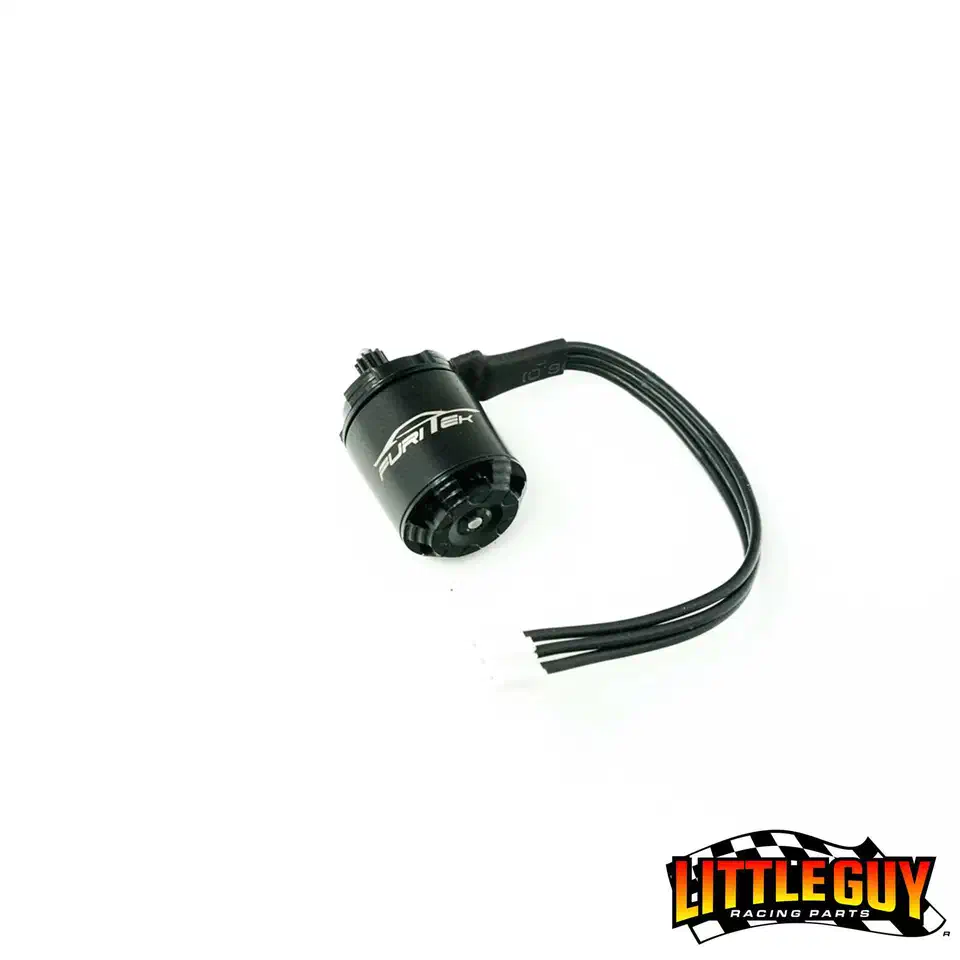 Furitek Micro Komodo brushless motor showing the black billet aluminum can with Furitek branding, vented end cap, and three motor wires