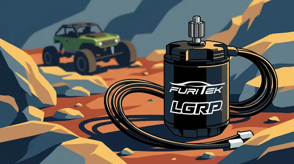 Furitek Micro Komodo black billet brushless motor with silver pinion and three wires on a rocky trail beside an Axial SCX24 crawler