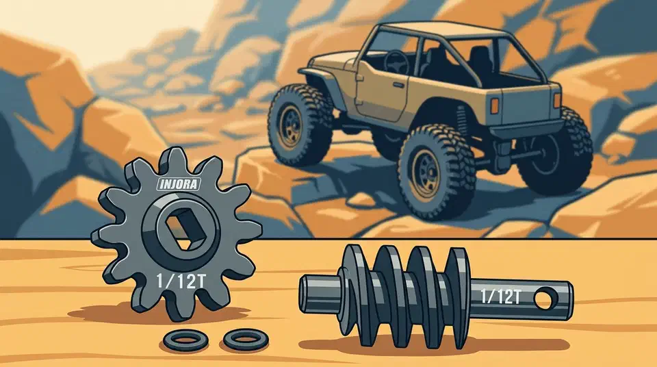 INJORA steel worm gear and worm screw set with two O-rings on a workbench, an SCX24 crawler on rocks behind