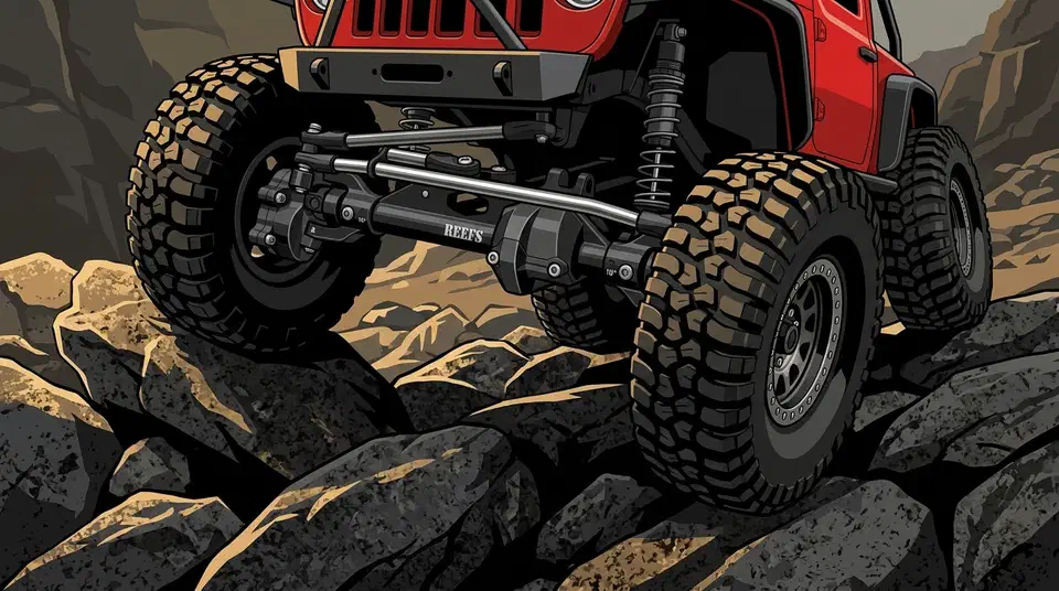 Reefs XP199 portal axle now sells separately, letting builders bolt 60-degree steering and a second gear reduction onto an existing 1/10 rig. Reefs XP199 black portal front axle mounted on a red 1/10 rock crawler climbing over dark boulders