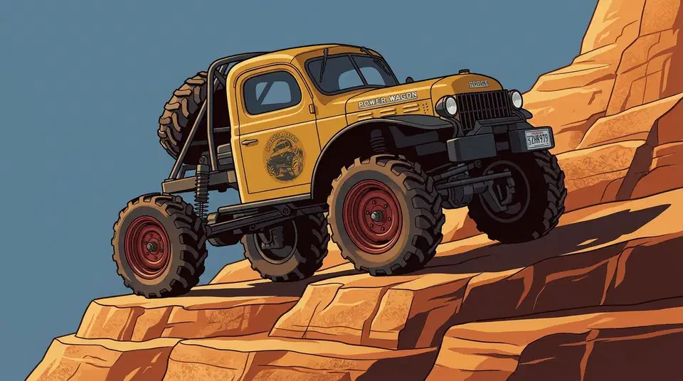 Yellow FMS FCX24 Power Wagon micro RC crawler climbing a stepped sandstone ledge on portal axles