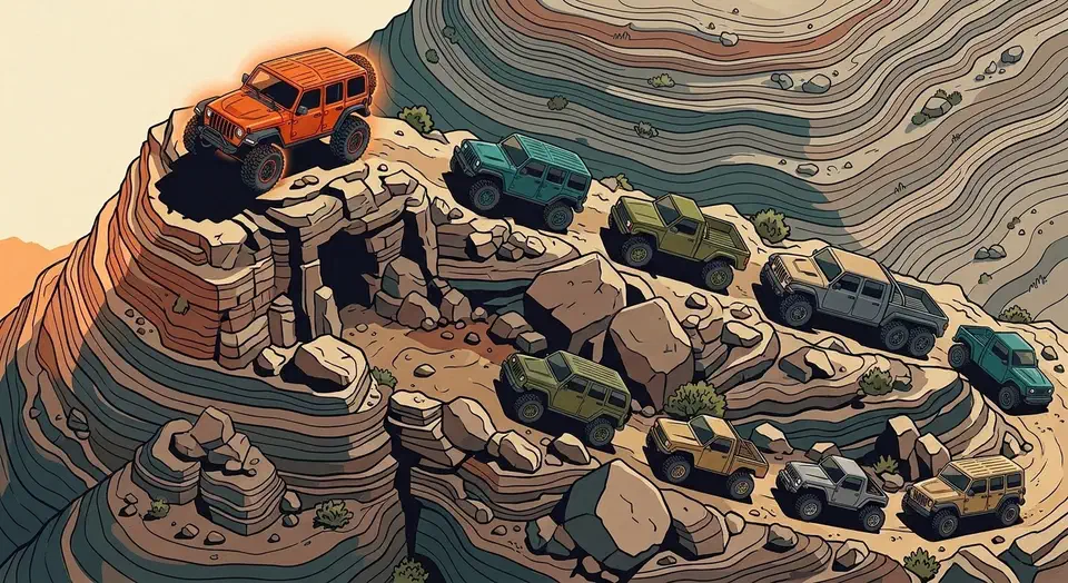 Ten stylized RC rock crawlers ranked down a topographic contour mountain trail, led by a glowing orange hero rig at the summit.