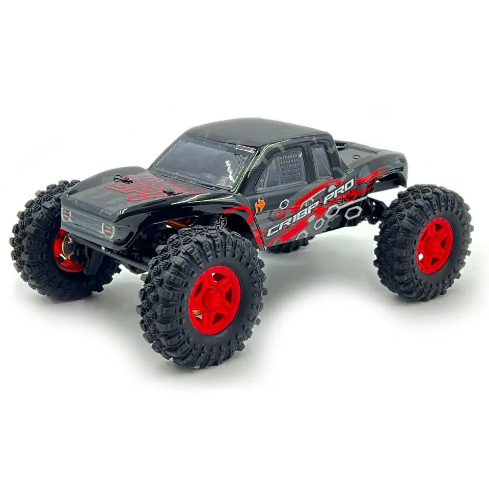 Hobby Plus CR18P Pro Juice Up mini crawler in black and red with a hard-body cab and red beadlock wheels