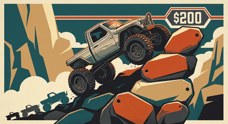 An RC rock crawler with an aluminum body and portal axles climbing a stack of boulders shaped like price tags under a $200 line.