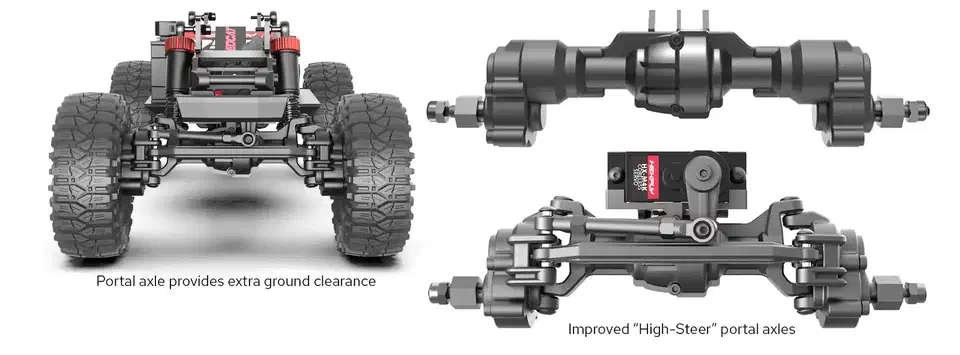 Rendered close-up of the Ascent-18 portal axles showing the offset gear housing that lifts the axle centerline above the wheel hub for extra ground clearance