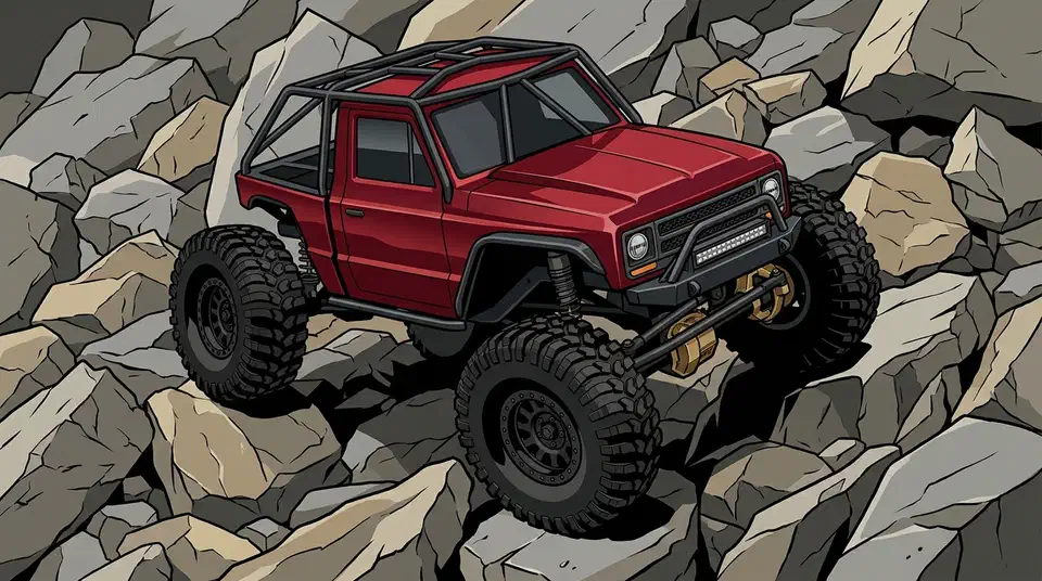 Red Redcat Ascent-18 Apex micro rock crawler with brass portal axles climbing a pile of grey boulders