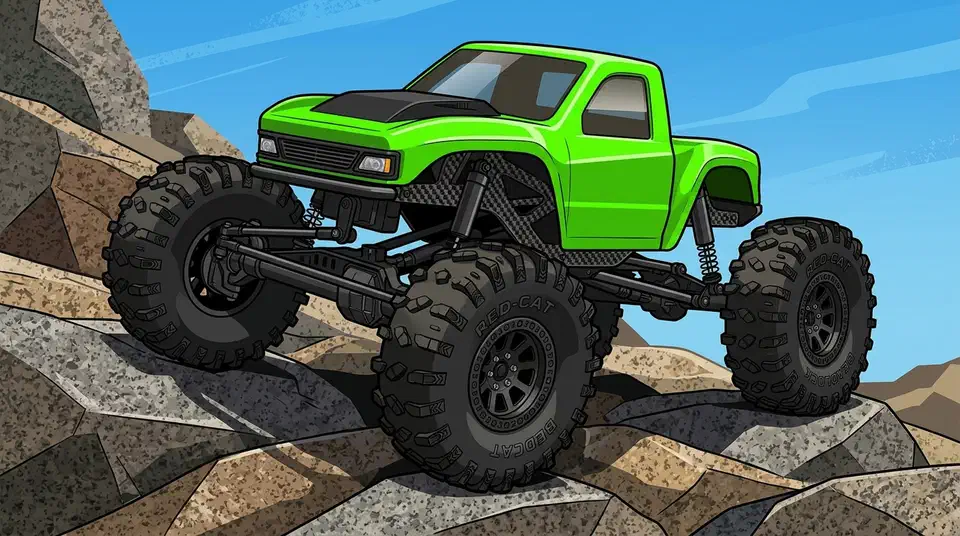 Bright green Redcat Vertex-10W rock crawler with black beadlock wheels climbing a granite boulder under a blue sky