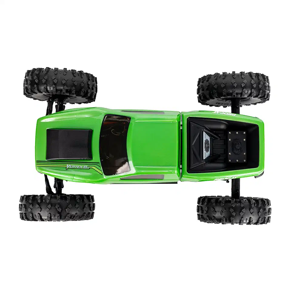 Top-down view of the green Redcat Vertex-10W showing all four wheels pushed well outside the pickup body for a wide track