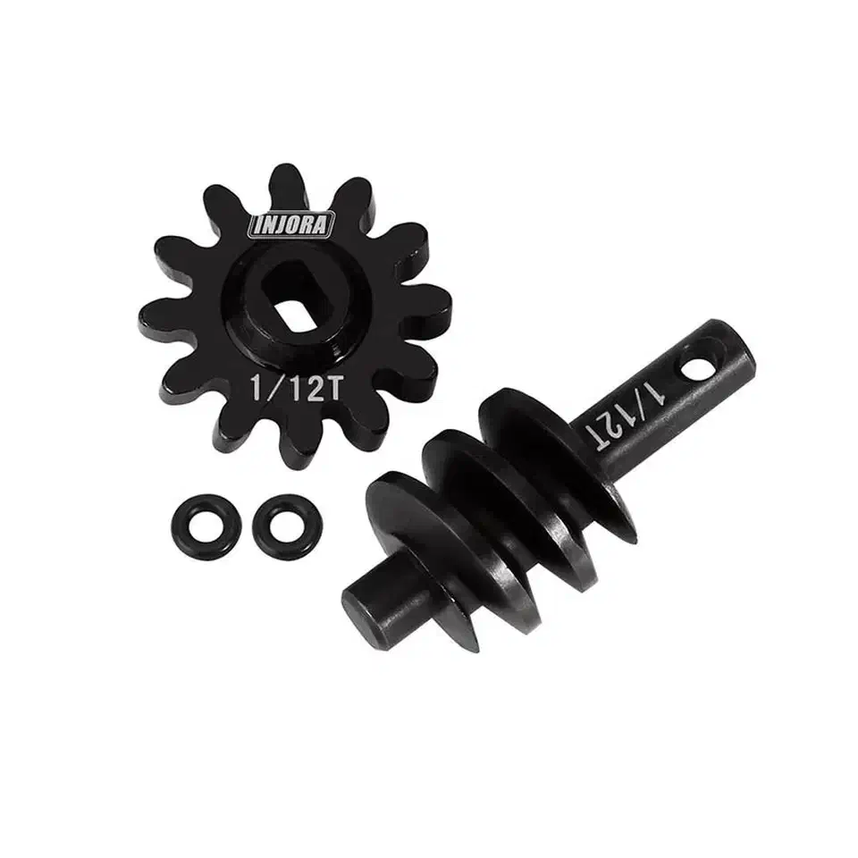 INJORA steel worm gear with a hex bore beside its matching worm screw and two rubber O-rings, the 1/12T set