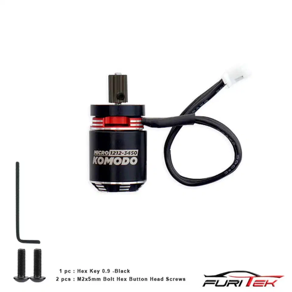 Furitek Micro Komodo 1212 3450kv brushless motor with black finned can, red end ring, motor wire and the supplied hex key and M2 bolts