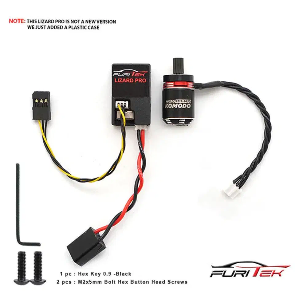 Furitek Stinger 118 kit laid out: Lizard Pro ESC in a black plastic case, Micro Komodo motor, servo lead, battery wiring and mounting hardware