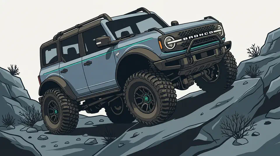 Blue-grey Traxxas TRX-4M Ford Bronco rock crawler climbing a tilted granite slab with all four knobby tires gripping
