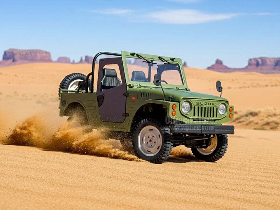 WPL C84 Suzuki Jimny in army green driving across sand with the hard top removed, one door swung open and the roll cage exposed