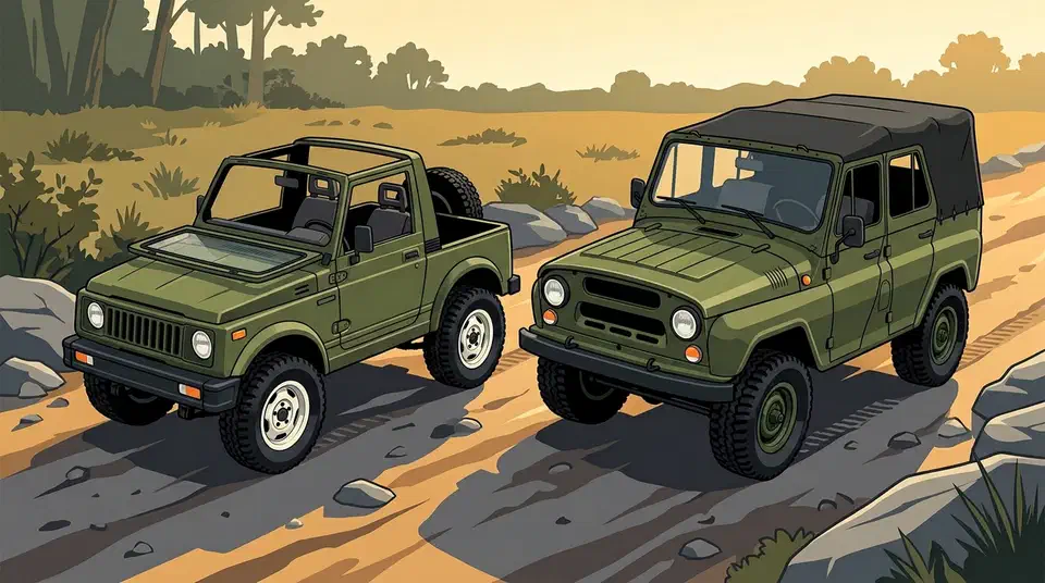 Army green WPL C84 Suzuki Jimny beside the larger WPL C94 UAZ-469 with canopy on a rutted dirt trail