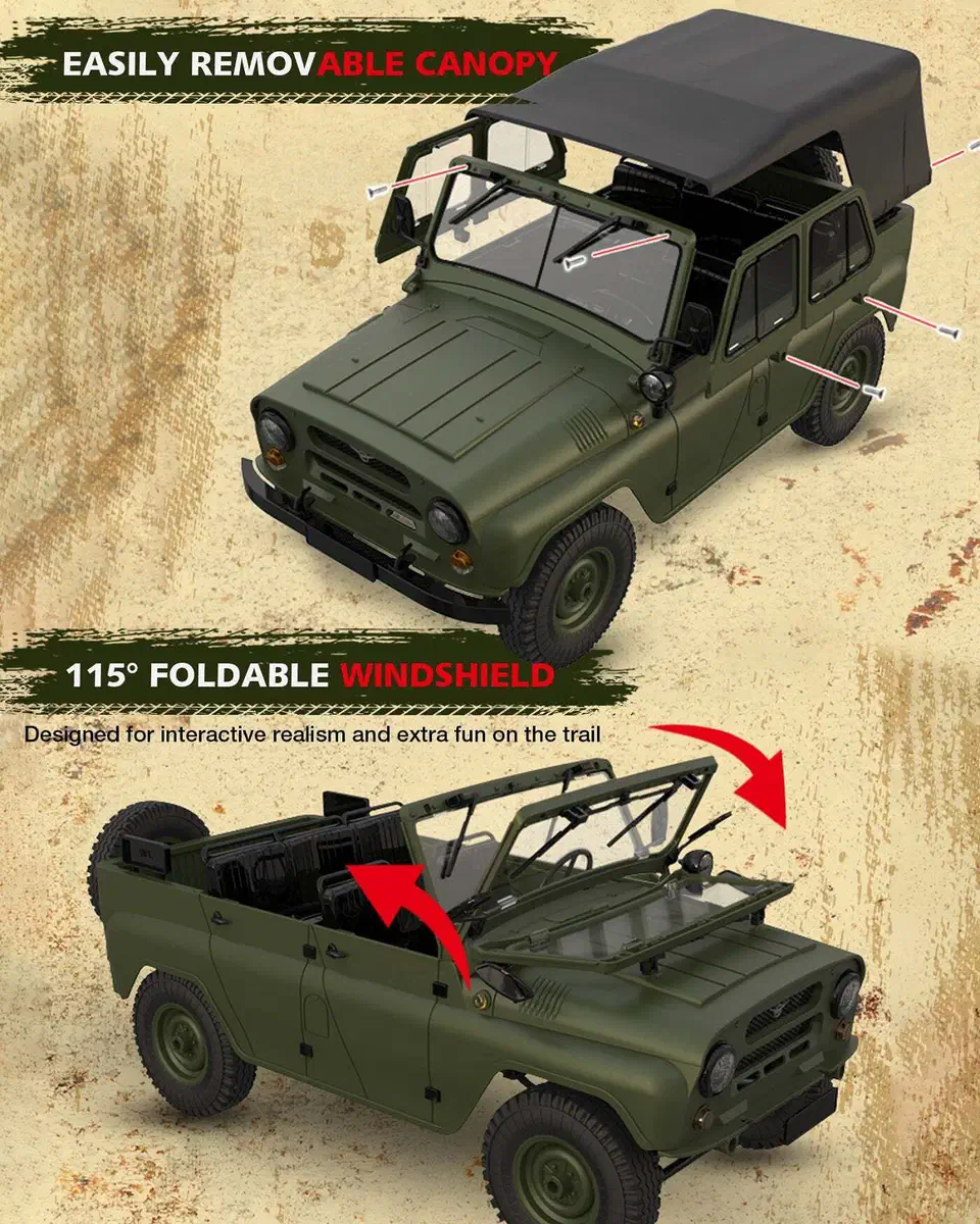 WPL C94 UAZ-469 in army green with the canopy lifted off and a second view showing the windscreen folded flat onto the hood