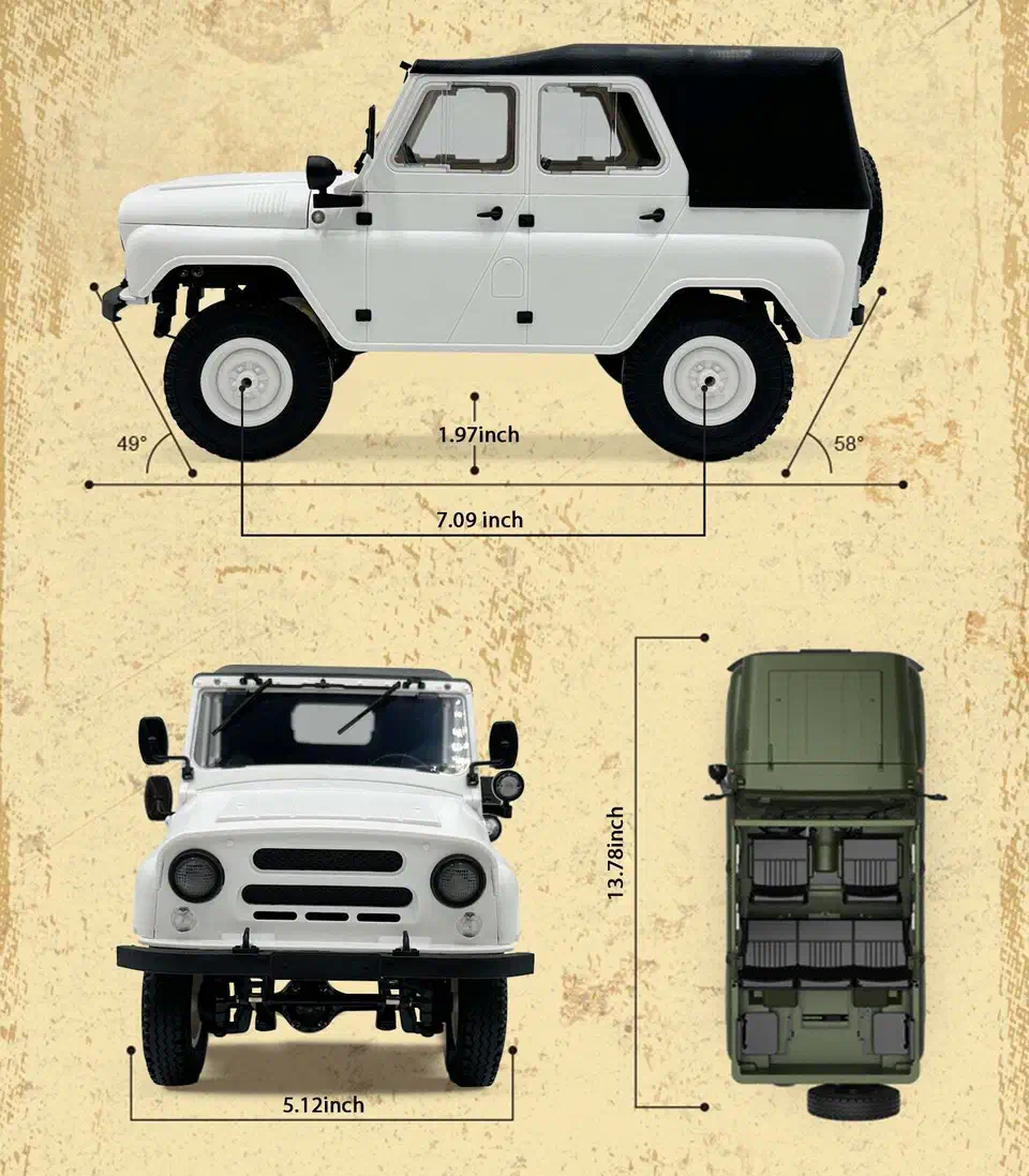 Measured side, front and top views of the WPL C94 marking a 49 degree approach angle, a 58 degree departure angle, 1.97 inches of ground clearance and a 7.09 inch wheelbase